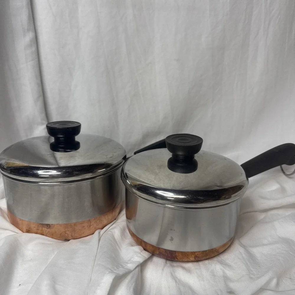 Vintage Revere Ware Sauce Pot Pan 2 Stainless Copper Clad 1 1/2 QT 1QT & Lids